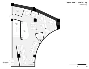 Neutral-colored floor plan with restaurant, bar, stage, pantry, storage room, food elevator, stairs, and main entrance.