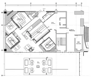 A detailed architectural plan for a restaurant interior, showing various functional zones and layouts.