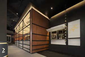 Interior design of a modern bar with wooden and glass materials