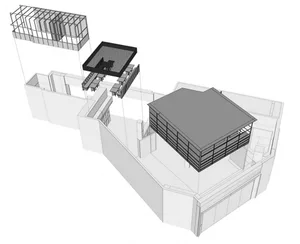 A 3D architectural rendering of a modern house extension featuring metal, glass, and concrete materials.