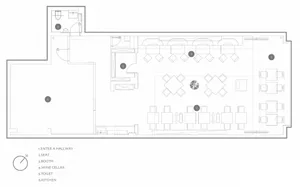 2D architectural drawing of a restaurant layout featuring neutral-colored materials and functional zones.