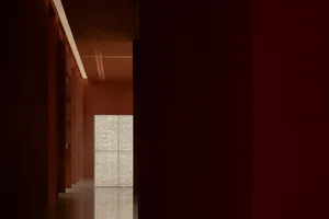 A minimalist corridor with red paneling walls and a glass door.