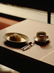 A modern coffee table with a plate of cake and a cup of coffee on it.