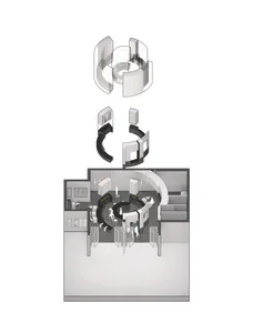 An architectural rendering of a modern office space with metallic spiral staircases, glass walls, and concrete flooring.