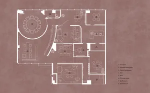 Floor plan of a modern tea shop with various seating areas, a bar, private rooms, and a storage area.