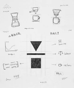Hand-drip coffee setup sketches with geometric shapes and equations