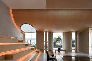 Modern coffee shop interior designed with wooden and concrete materials