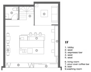 Black and white architectural drawing of a cafeteria floor plan showing seating areas, a bar, and other functional spaces.