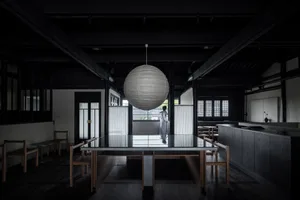 Contemporary restaurant interior with dark wooden furniture and a large spherical light fixture.