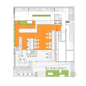 An architectural blueprint of an open-plan office space layout.