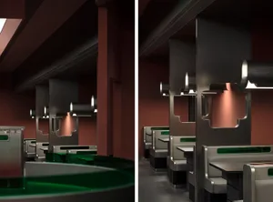 A modern restaurant interior featuring black metallic accents, contemporary seating, and green accents on benches.