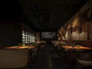 Modern restaurant interior with wood furniture, concrete walls, and contemporary design elements.