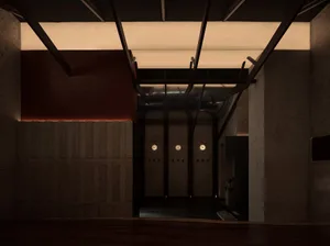 Modern restaurant interior with timber elements.