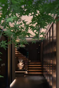 A modern interior staircase with illuminated steps and a concrete texture.