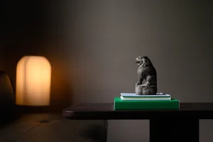 A stone decorative object on top of books in a well-lit interior setting.