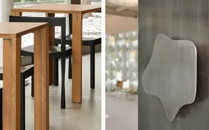 Minimalist interior design featuring wooden furniture and sleek lines.