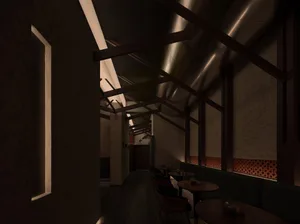 Modern interior with metal ceiling and dark wooden furniture