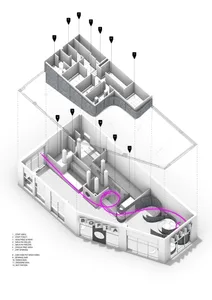 Cross-sectional view of a modern restaurant interior with focus on the concrete elements.