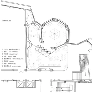 Floor plan of an event center with various functional zones and architectural details.