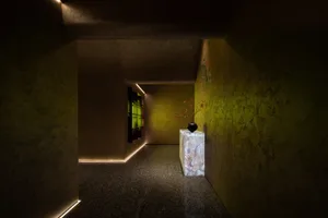 A modern corridor featuring concrete walls and flooring.