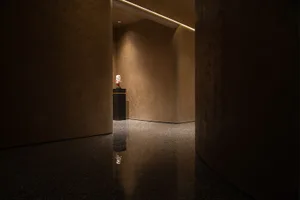 A modern hall with concrete walls and floor, featuring a small statue on a pedestal.