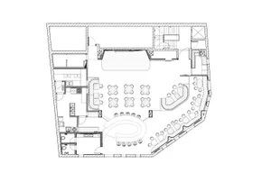 A detailed black and white floor plan of a restaurant with various seating areas, kitchen, and service stations.