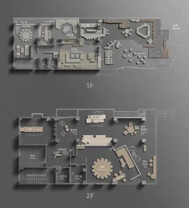 A detailed 2D architectural plan of a commercial space on the first and second floors, showcasing various functional areas an