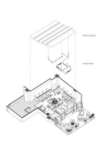 A detailed technical drawing of a restaurant floor plan featuring steel structural elements.