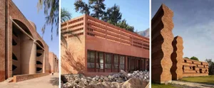 Industrial-style brick building exterior with open archways and wavy walls