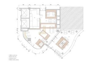 A detailed architectural drawing of a restaurant interior with neutral tones and open seating areas.