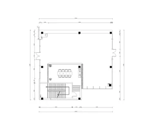 A 2D architectural drawing of a modern office space featuring open areas, steel partitions, and glass doors.