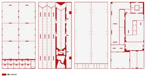 A floor plan layout with marked sections and configurations.