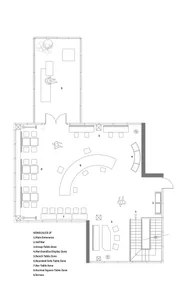A meticulously detailed, non-scaled 2D technical architectural drawing of a restaurant's interior space, showcasing the arran