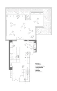 Floor plan of a coffee shop showing various zones and furniture layout.