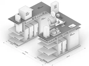 An architectural rendering of a coffee shop layout with functional zones labeled.