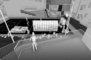 A 3D perspective rendering of a sports complex with a metal-framed shelter and people packing boxes.