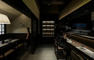 A modern restaurant interior with dark wood and black metal accents, glass shelves, and a minimalist design.