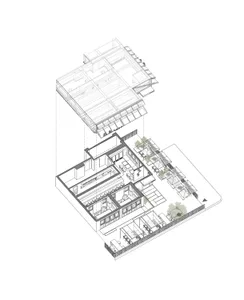 Modern residential floor plan featuring contemporary design elements and a combination of wood and glass materials.