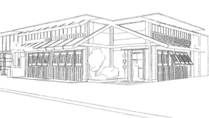 A rendering of a modern commercial building featuring mixed materials and clean lines.