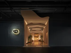 Modern retail storefront with concrete facade and decorative signage
