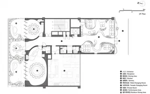2D architectural blueprint of a restaurant interior with furniture and layout