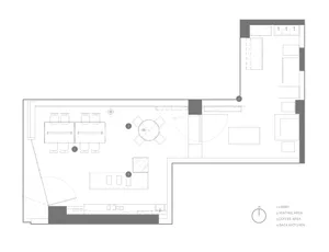 Floor plan of an office layout showcasing mixed materials and seating arrangements.