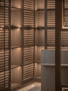 Modern minimalist closet with wooden storage shelves