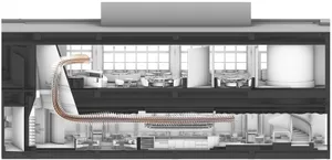 Cross-sectional view of a modern restaurant interior featuring metallic finishes and a curved architectural element.