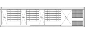 Industrial-style metal shelving unit with horizontal shelves.