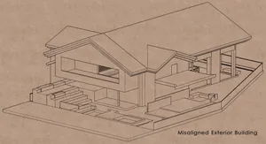 A technical drawing of an exterior building with a metal roof, misaligned and showing structural details.