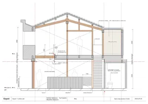 Cross-sectional architectural drawing of a house interior featuring mixed materials and spatial composition.