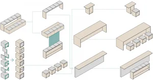 Diagram illustrating various furniture arrangement options using wooden pieces.