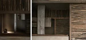 Concrete and wooden architectural design features in an industrial-style interior space.