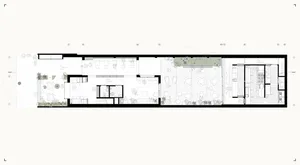 Minimalist living room layout with furniture and plants.